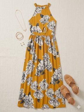 Mustard Floral Halter Maxi Dress